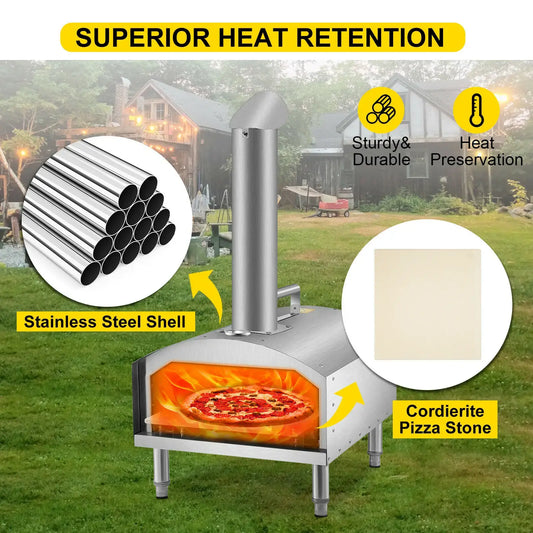 Outdoor BBQ pizza oven with stainless steel shell, superior heat retention, and cordierite pizza stone. Perfect for outdoor cooking.