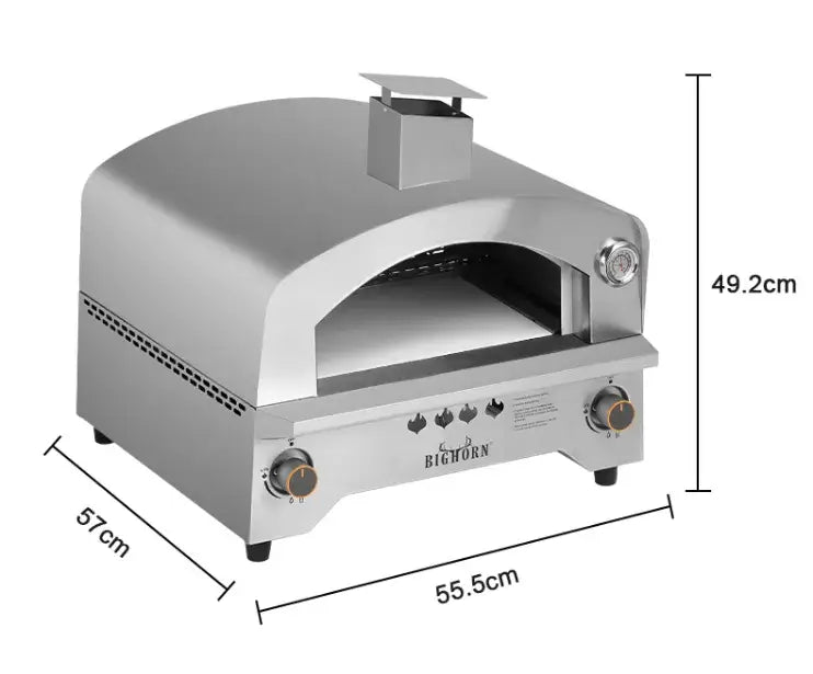 Large gas pizza stove in stainless steel with dimensions, perfect for outdoor cooking and portable pizzeria experiences.