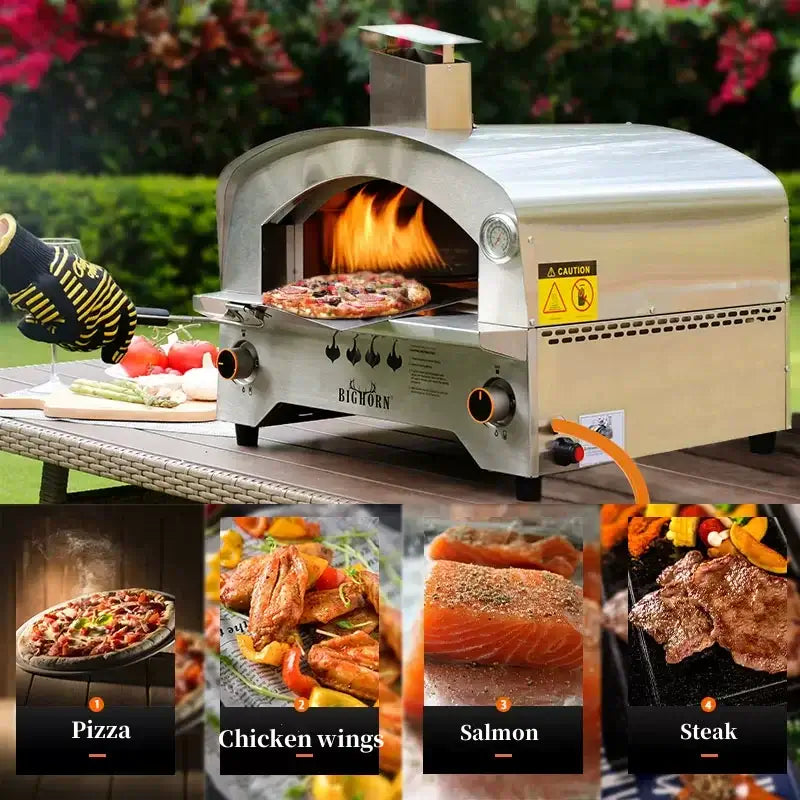 Large gas pizza stove in outdoor setting, cooking pizza, chicken wings, salmon, and steak for versatile grilling.