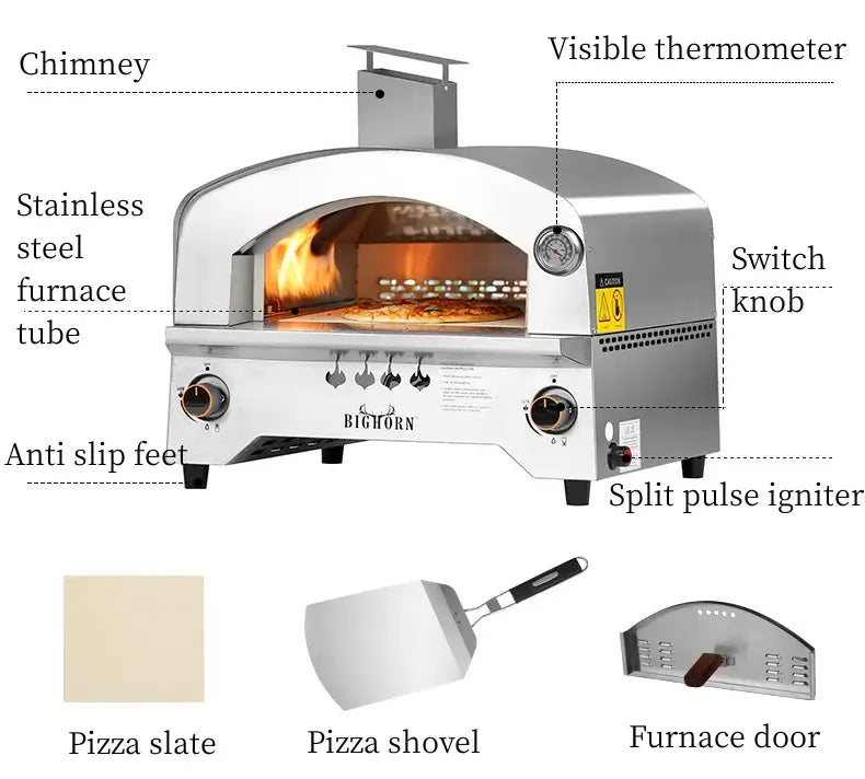 Large gas pizza stove with chimney, visible thermometer, stainless steel body, and included pizza accessories for outdoor use.